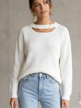 White Rib Knit Slouchy Sweater With Grommet Lace Up Back